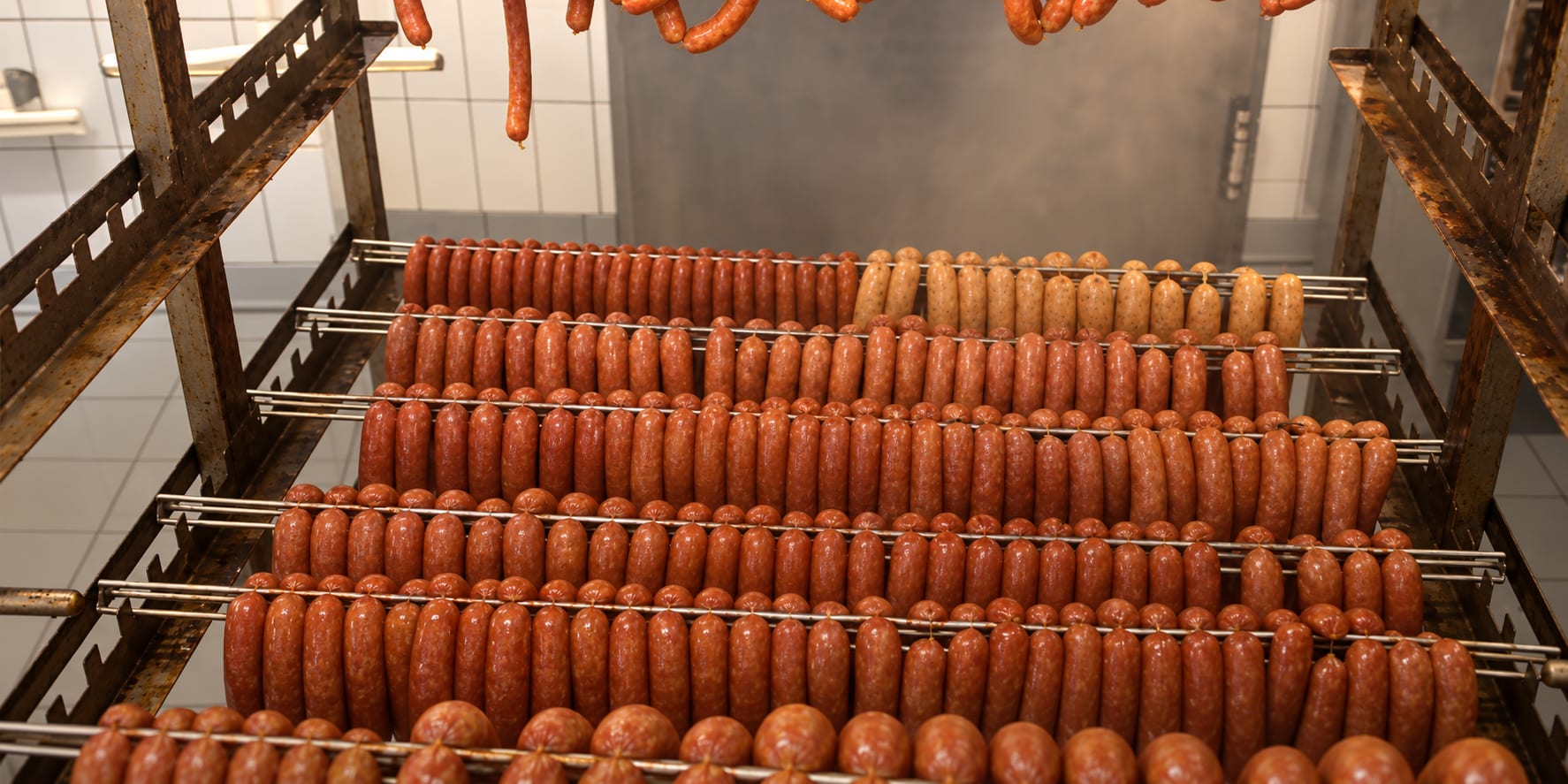 Würste auf den Stangen in der Räucherkammer